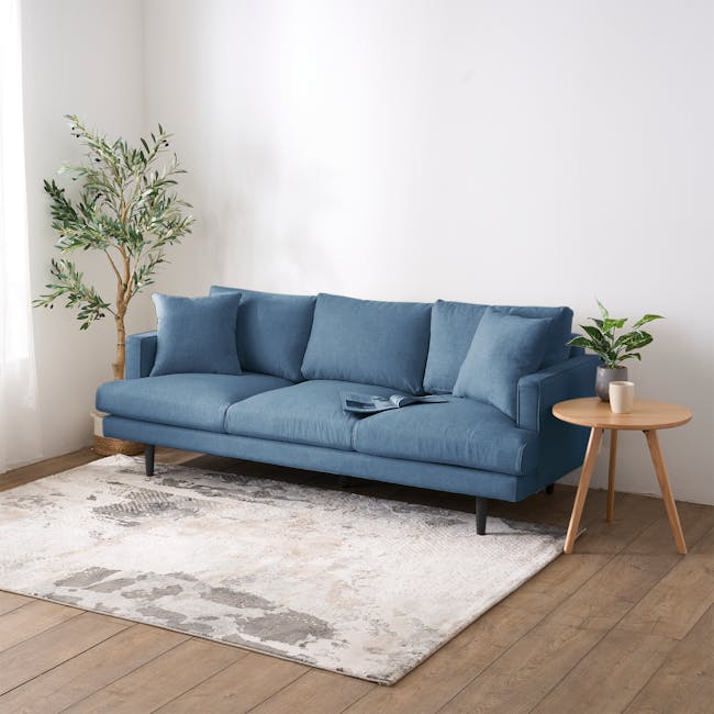 Declan 3 Seater Sofa - Walnut, Blue - 13 - Modern living room, cozy sofa, blue fabric, comfortable cushions, minimalist