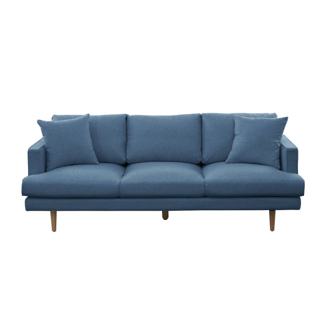 Declan 3 Seater Sofa - Walnut, Blue - 1 - Modern blue sofa with wooden legs, clean and minimalist design, comfortable