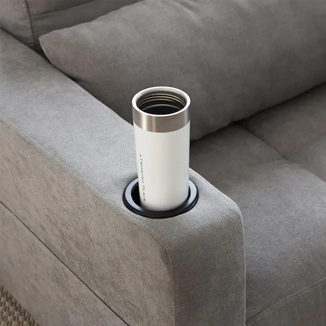 Holmes 1 Seater Sofa Bed - Grey (Eco Clean Fabric) - 7 - Grey upholstered sofa, white insulated cup, black base, modern