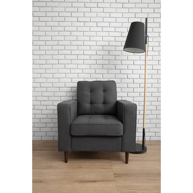 Royce Armchair - Seal (Fabric) - 3 - Grey upholstered armchair, minimalist design, wooden floor, white brick wall, cozy