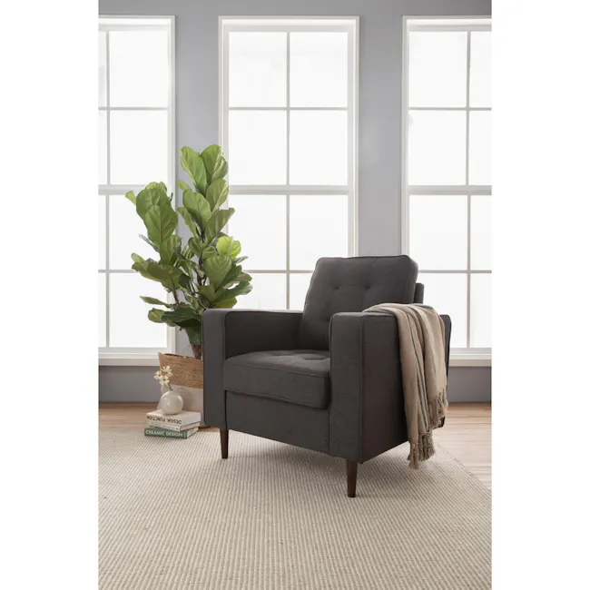 Royce Armchair - Seal (Fabric) - 2 - Grey upholstered armchair, beige throw blanket, large green plant, white window frame