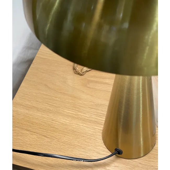 Cohen Table Lamp - Brass - 5 - Golden lampshade, wooden table, black cord, textured surface, natural wood grain, minimalist