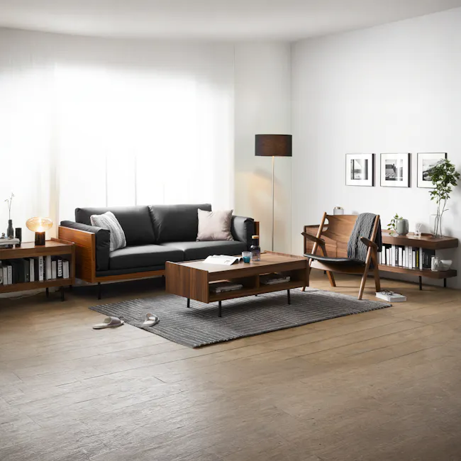 Fjord High Pile Rug - Dark Symmetry (2 Sizes) - 7 - Modern living room, minimalist design, cozy atmosphere, black leather