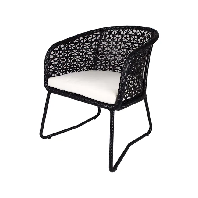 Horizon Patio Set - Cream Cushion - 4 - Woven black metal chair with intricate lattice design, white cushioned seat, sturdy