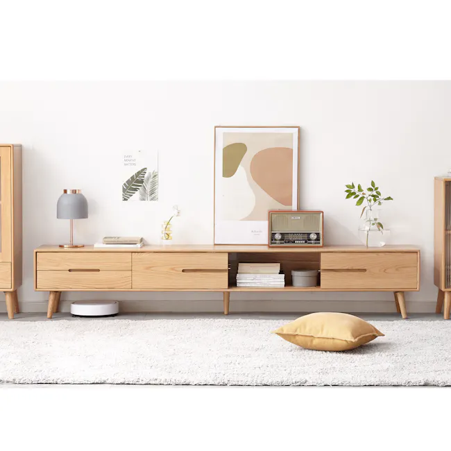 Beau TV Console 2.2m - Oak - 2 - Wooden side table, minimalist decor, abstract art, vintage radio, white lamp, yellow