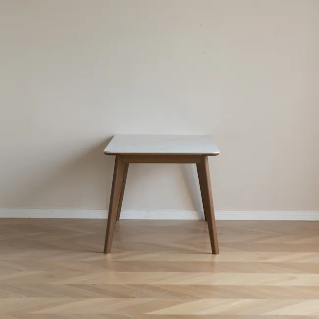 Nellie Dining Table 1.8m - Walnut (Sintered Stone) - 8 - White marble tabletop, wooden legs, minimalist design, light beige