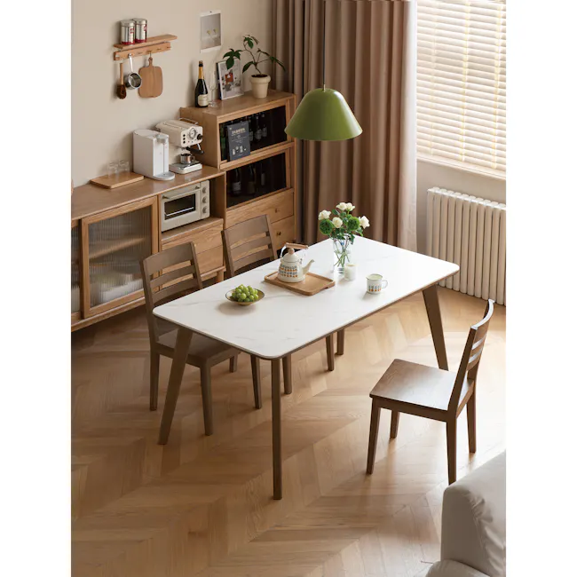 Nellie Dining Table 1.8m - Walnut (Sintered Stone) - 2 - Wooden dining table, white marble top, wooden chairs, herringbone