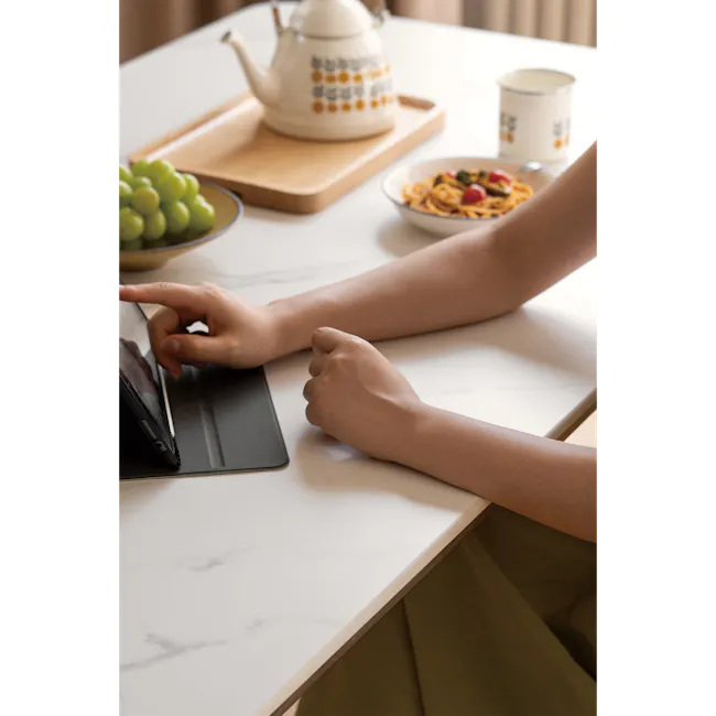 Nellie Dining Table 1.8m - Walnut (Sintered Stone) - 6 - Tea set, tablet, person's hands, meal, green grapes, wooden tray
