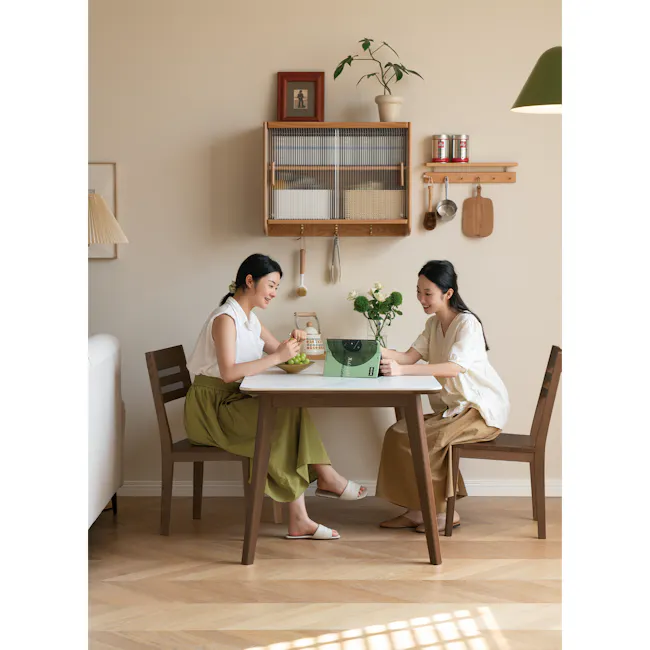 Nellie Dining Table 1.8m - Walnut (Sintered Stone) - 3 - Modern kitchen, dining room, cozy atmosphere, two women, sitting at