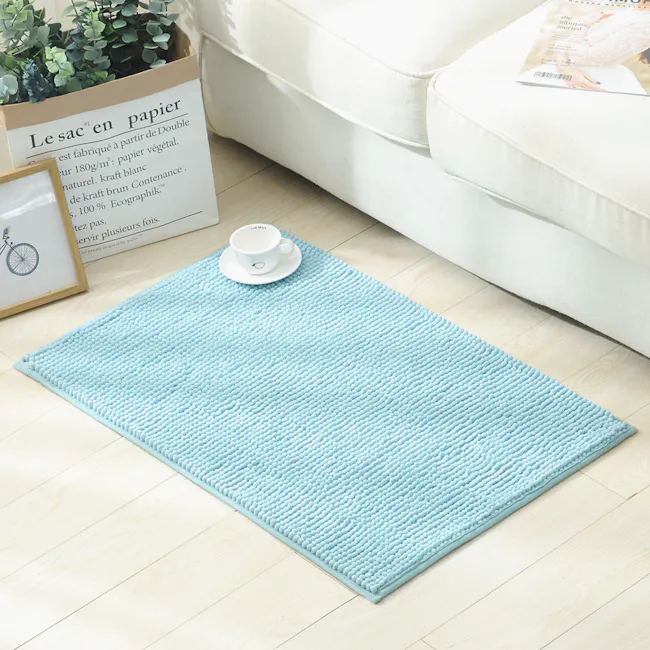 Cora Chenille Bath Mat - Sky Blue - 3 - light blue textured rug, cozy living room, soft floor, natural fiber rug, white