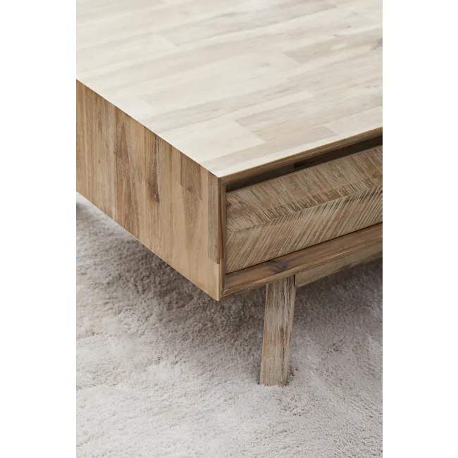 Leland Twin Drawer Coffee Table - 8 - Light wood coffee table, textured surface, natural wood grain, rustic design, wooden