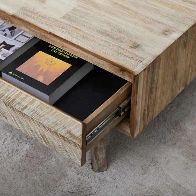 Leland Twin Drawer Coffee Table - 4 - Wooden side table with open drawer, black box inside, French text on box, book titled