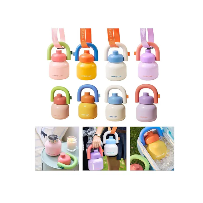 CHAKOLAB Thermal LINLIN Pot Bottle 1000ml - White/Blue - 17 - Colorful water bottles with adjustable straps, labeled "CHOKO