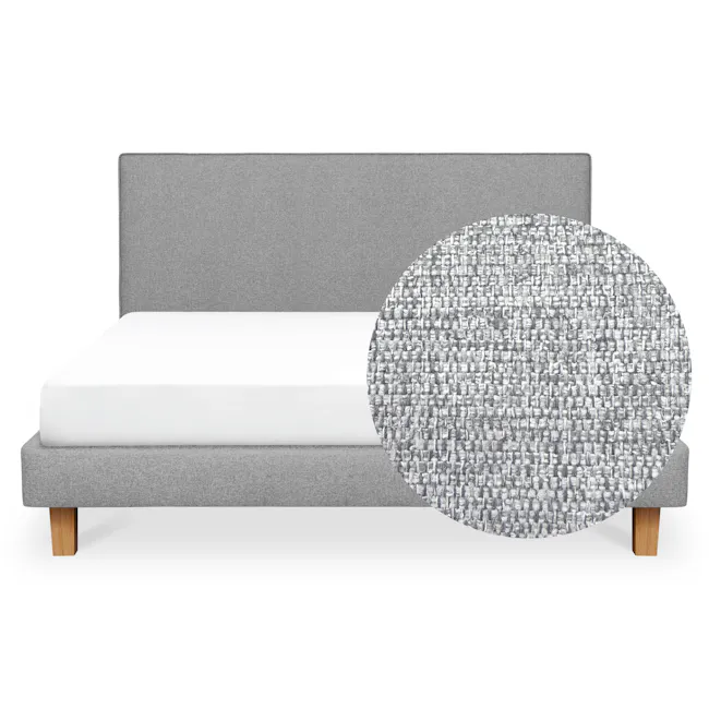 ESSENTIALS King Headboard Divan Bed - Pebble (Eco Clean Fabric) - 1 - Grey upholstered bed with white mattress, wooden legs