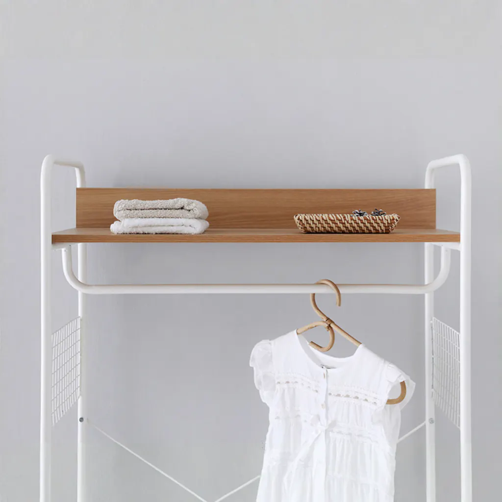 Sophie Open Wardrobe with 2 Shelves - Oak - 9 - Wooden shelf, white metal frame, neatly folded towels, woven basket