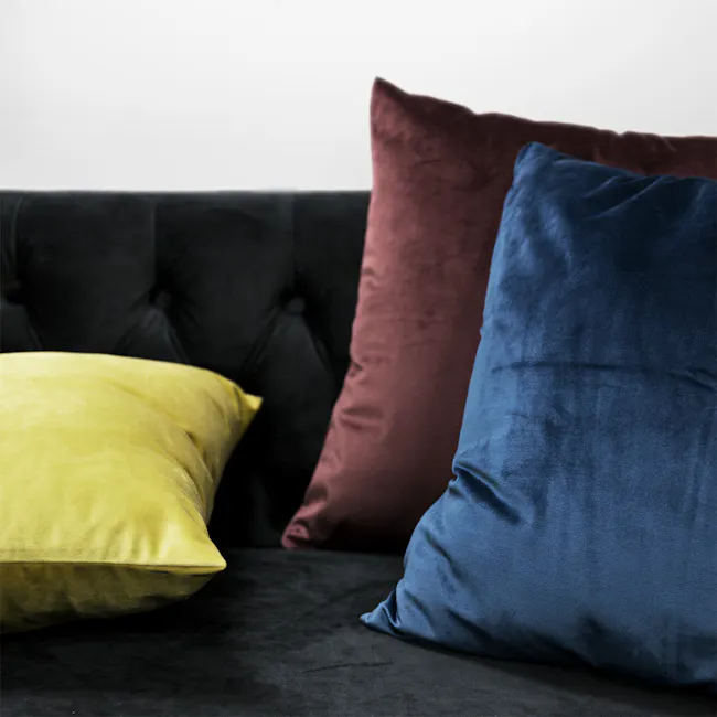 Alyssa Velvet Lumbar Cushion - Mustard - 2 - Dark velvet sofa, mustard yellow pillow, maroon pillow, blue velvet pillow