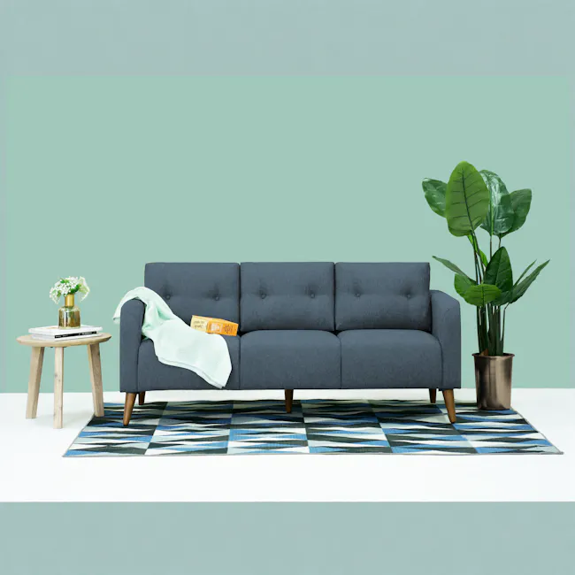 Bennett 3 Seater Sofa with Bennett 2 Seater Sofa - Midnight - 2 - Sleek gray sofa, wooden legs, blue and white patterned
