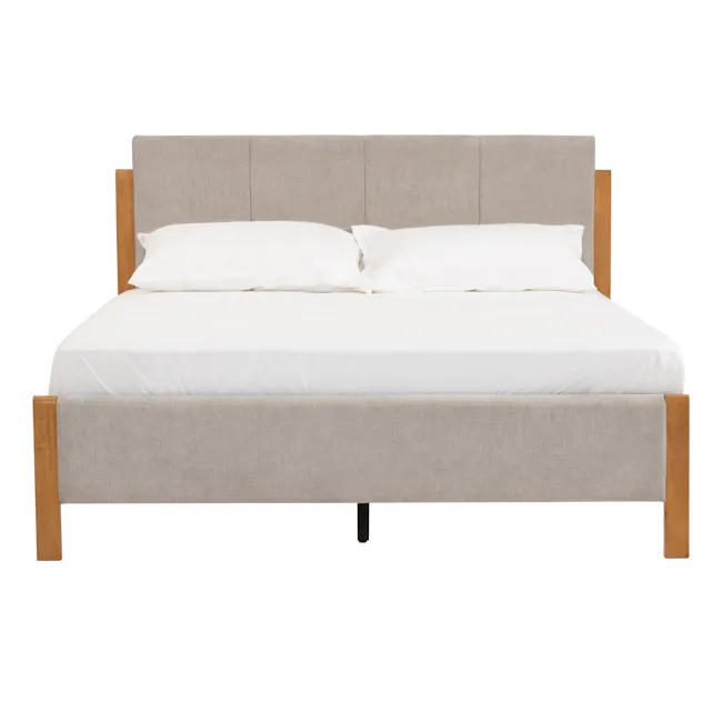 Mayer Queen Bed - Light Grey - 1 - Modern minimalist bed with light gray upholstered headboard and wooden frame, white crisp