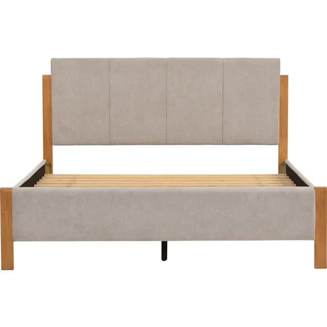 Mayer Queen Bed - Light Grey - 5 - Modern upholstered bench, light beige fabric, wooden frame, minimalist design, clean