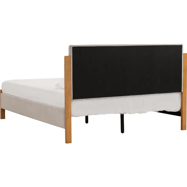 Mayer Queen Bed - Light Grey - 7 - Modern minimalist bed frame, wooden legs, black headboard, white mattress, light wood