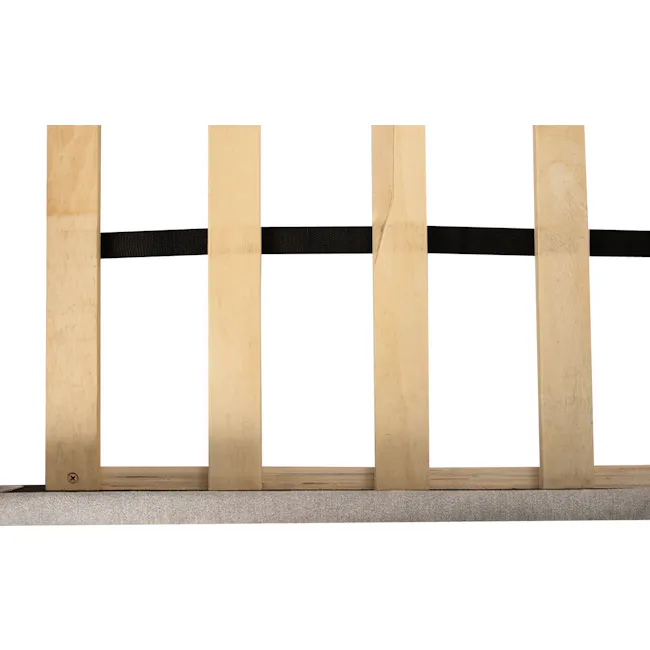 Mayer Queen Bed - Light Grey - 10 - Wooden frame, black strap, crossbars, beige wood, vertical beams, light brown finish