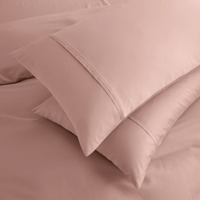 Pima Cotton Full Bedding Set - Rose (4 Sizes) - 3 - Soft, pastel pink bedding, neatly arranged pillows, smooth fabric