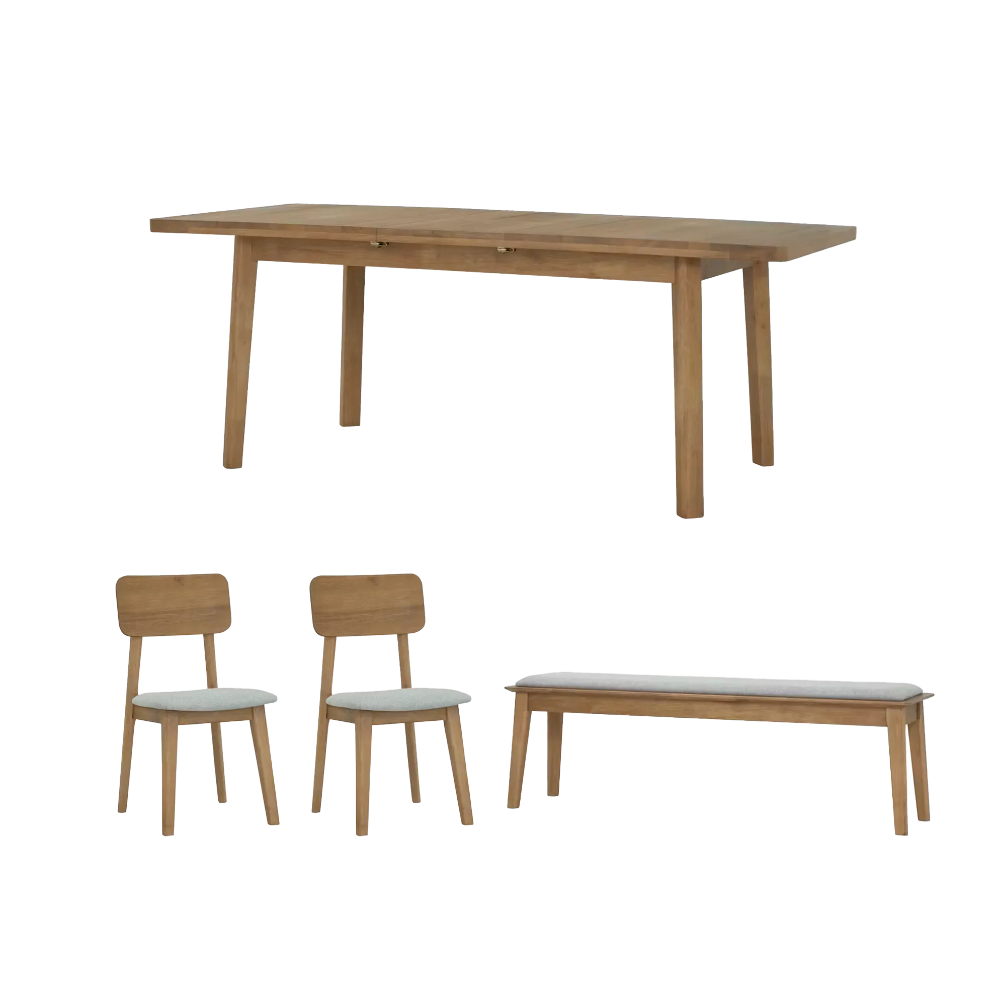 Toronto Extendable Dining Table 1.6m-2m with Toronto Bench 1.5m and 2 Toronto Cushioned Dining Chairs
