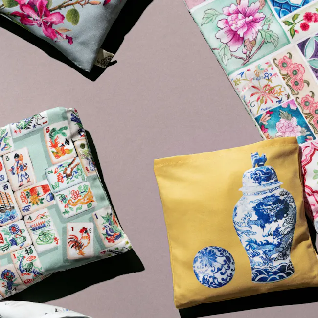Singlapa Mahjong Shopping Bag - 3 - floral-patterned fabric, vibrant floral embroidery, traditional Chinese motifs, colorful