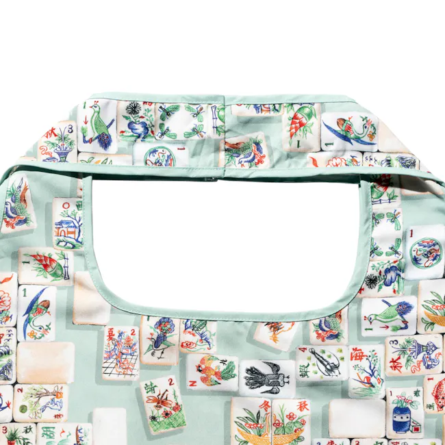 Singlapa Mahjong Shopping Bag - 4 - Teal-colored bag with intricate floral and bird embroidery, Japanese-themed decorative