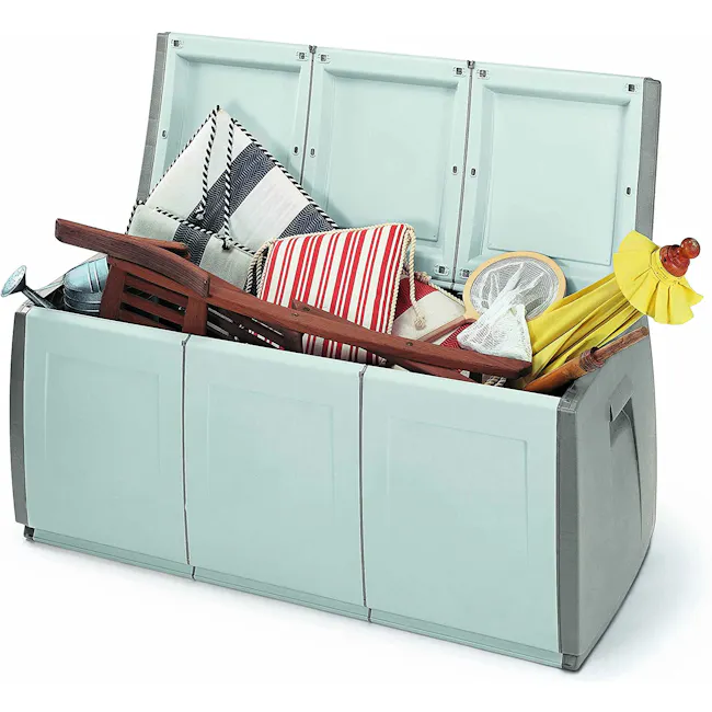 Terry In & Out Box 140 - 2 - light blue storage bin, open storage drawer, wooden chair, striped pillow, yellow umbrella