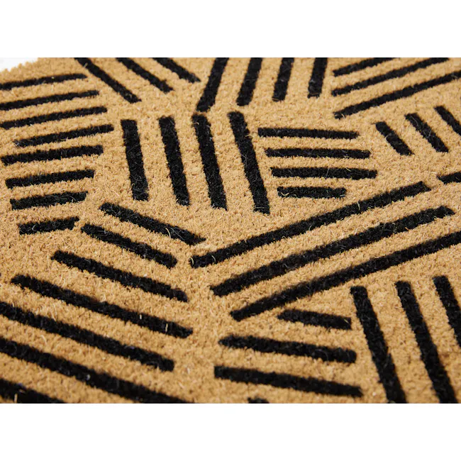 Thane Coir Door Mat - 3 - Golden brown textured surface, black geometric patterns, intricate design, soft texture, fluffy