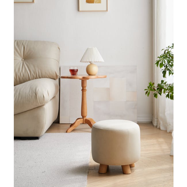 Niyo Stool - Cream - 3 - Cream-colored sofa, wooden side table, white lamp, red glass, beige ottoman, light-colored carpet