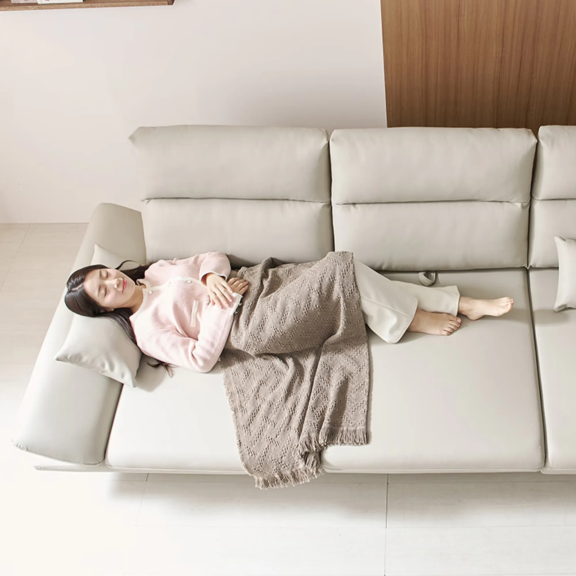 (As-is) Inez 3 Seater Adjustable Sofa - Tan (Faux Leather) - 9