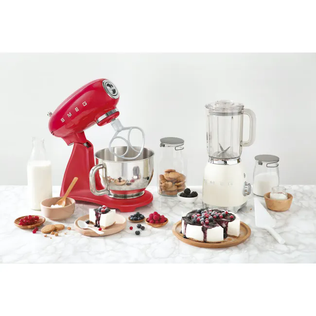 SMEG Stand Mixer Full Colour - Red - 2 - red stand mixer, white cream cheese, blueberries, raspberries, wooden spoon, milk