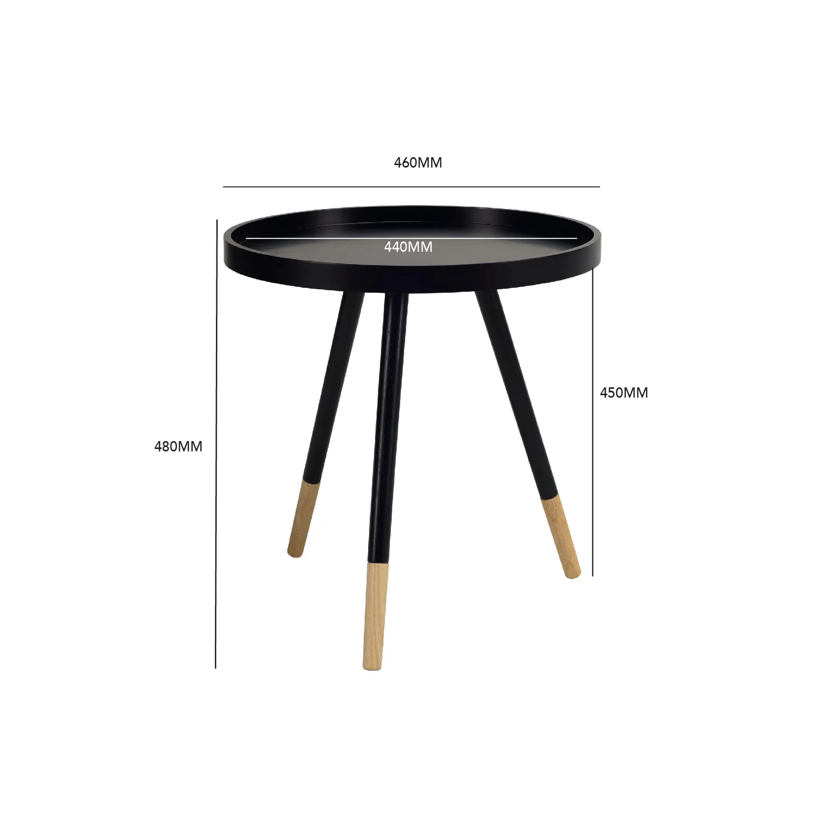 Innis Side Table - White, Natural - 21 - Round table, black base, three-legged design, 460mm diameter, 440mm height, 480mm