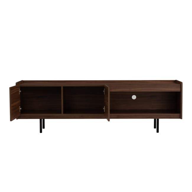 Delani TV Console 1.8m - 9 - Wooden cabinet with open doors, minimalist design, dark wood finish, open shelves, empty