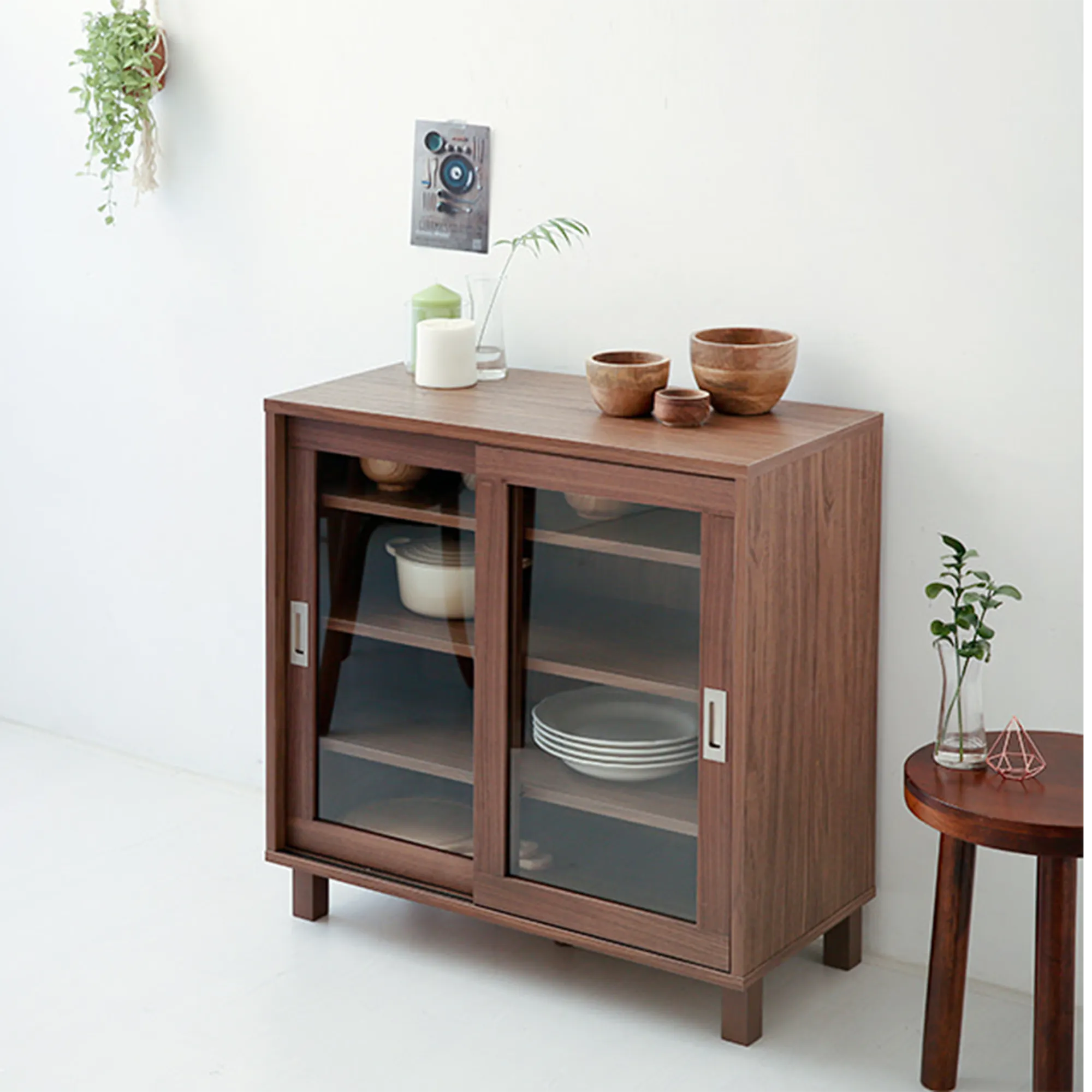 Salleys 2 Door Cabinet 0.8m - Walnut - 9 - Wooden cabinet with glass doors, minimalist design, open shelves, decorative