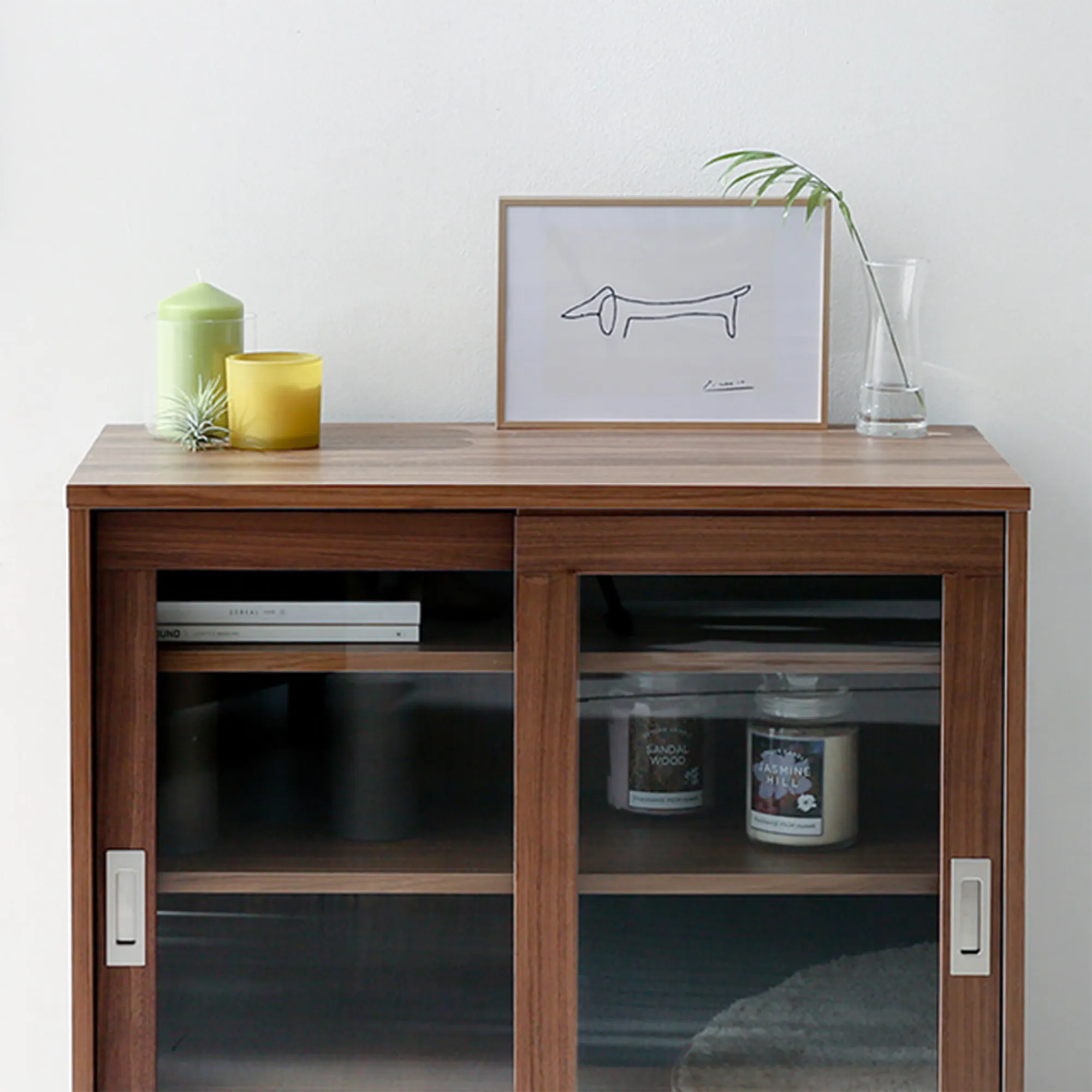 Salleys 2 Door Cabinet 0.8m - Walnut - 11 - Wooden TV cabinet, minimalist decor, yellow candle, green candle, whiteboard