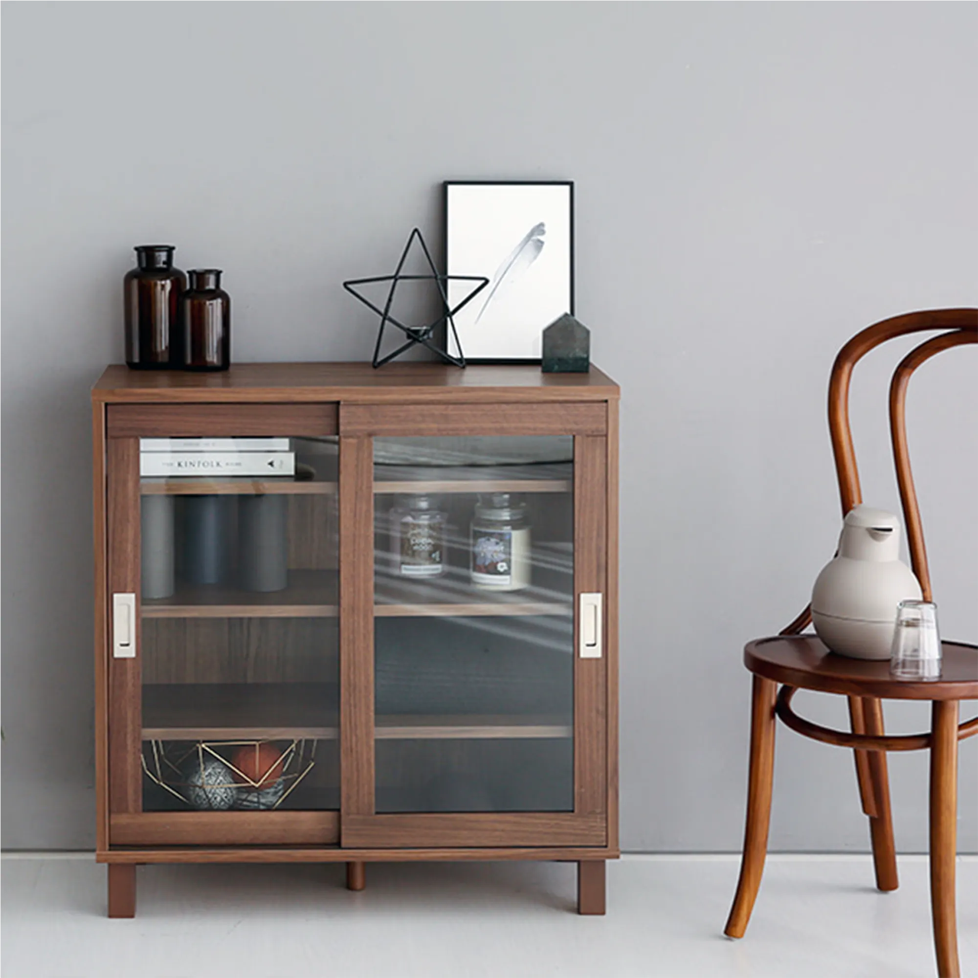 Salleys 2 Door Cabinet 0.8m - Walnut - 10 - Wooden cabinet with glass doors, minimalist design, modern decor, abstract art