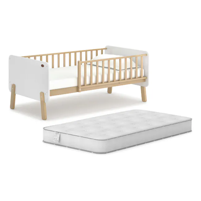 Natty Boori Bedside Bed - Barley White & Almond - 10 - Wooden crib with white mattress, modern design, minimalist style