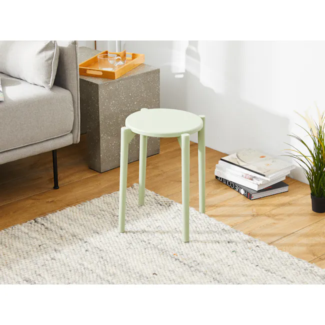 Olly Pastel Stackable Stool - Sage - 2 - Light green round table, light wooden floor, textured rug, modern decor, minimalist