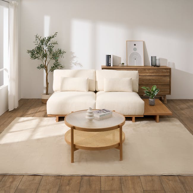 Miu 2 Seater Armless Lounge Sofa - 3 - Minimalist living room, modern furniture, cozy sofa, white cushions, wooden coffee