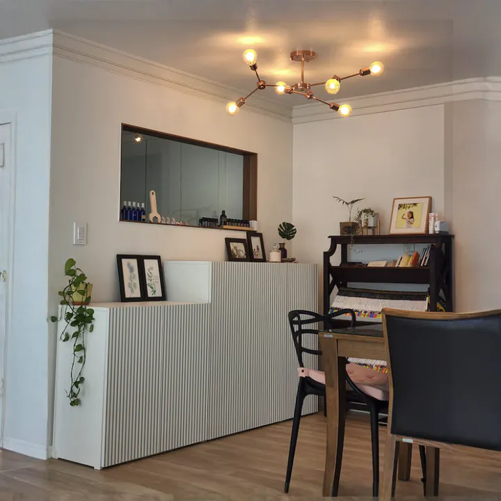 Heidi Cabinet 0.8m - White - 13 - Modern minimalist dining room, cozy corner, white walls, wooden floor, contemporary