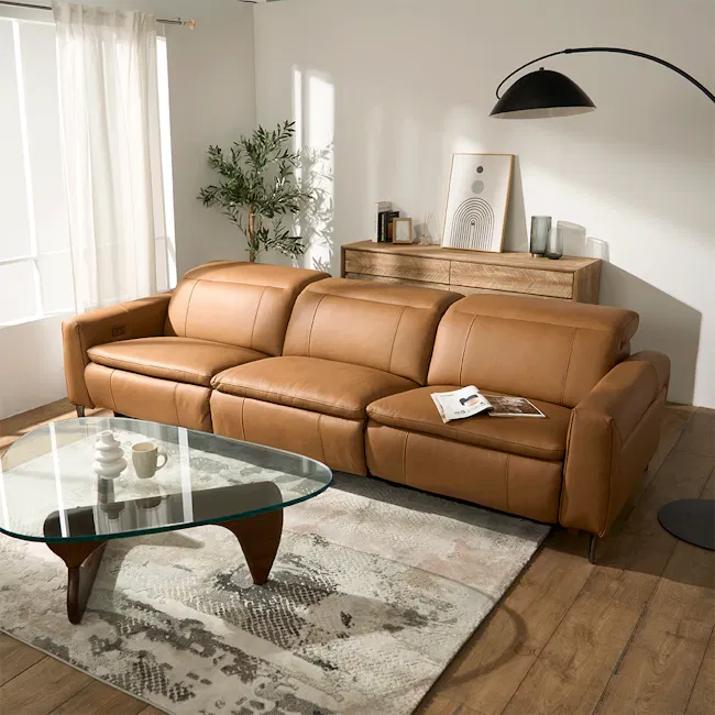 Clyde 4 Seater Power Recliner Sofa - Oslo Tan (Top Grain Leather) - Zero Wall - 3 - Modern living room, brown leather sofa