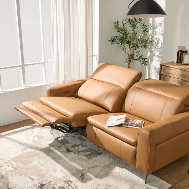 Clyde 4 Seater Power Recliner Sofa - Oslo Tan (Top Grain Leather) - Zero Wall - 4 - Lush, natural light streaming through