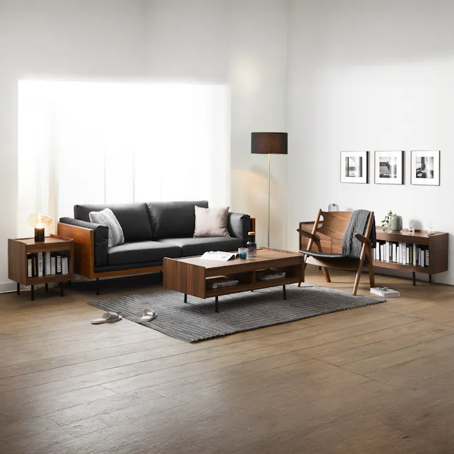 Bentley 3 Seater Sofa - Jet Black (Faux Leather) - 5 - Modern living room, minimalist design, cozy atmosphere, black leather
