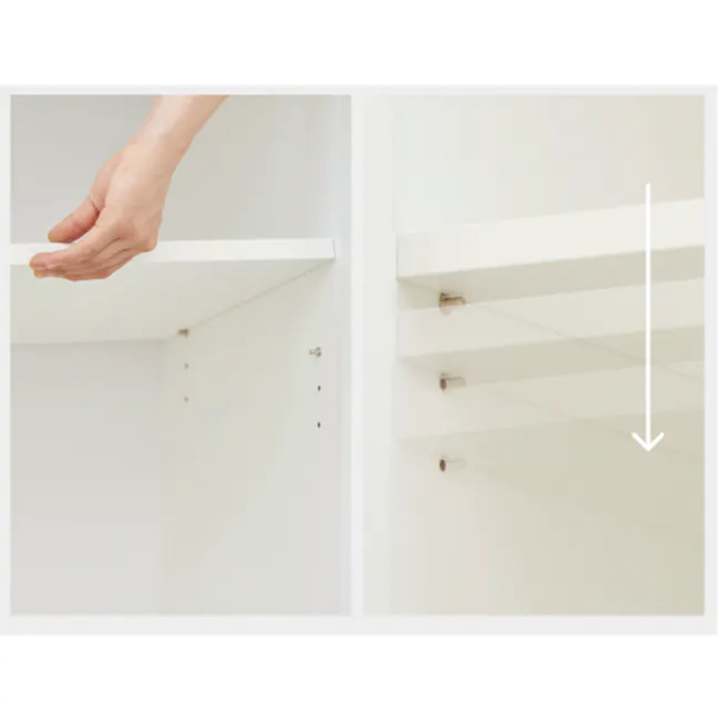 Benson Modular Tall Cabinet 1.2m - 4 - White minimalist shelves, hand placing item, white wall, simple design, clean lines