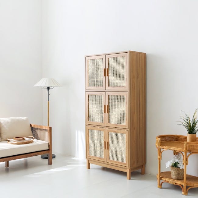 Belig 6 Door Rattan Tall Cabinet 0.9m - 5 - Wooden cabinet with woven design, minimalist decor, light beige sofa, floor lamp