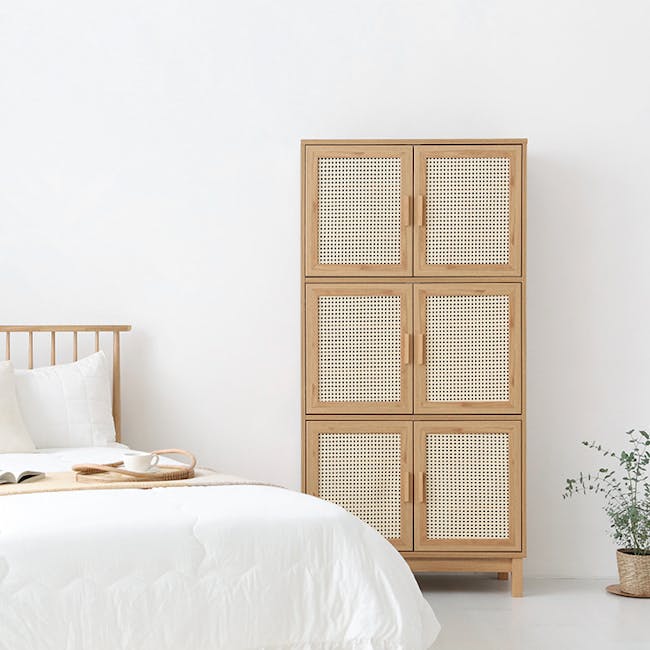 Belig 6 Door Rattan Tall Cabinet 0.9m - 6 - Wooden wardrobe with perforated design, minimalist interior, cozy bed with white