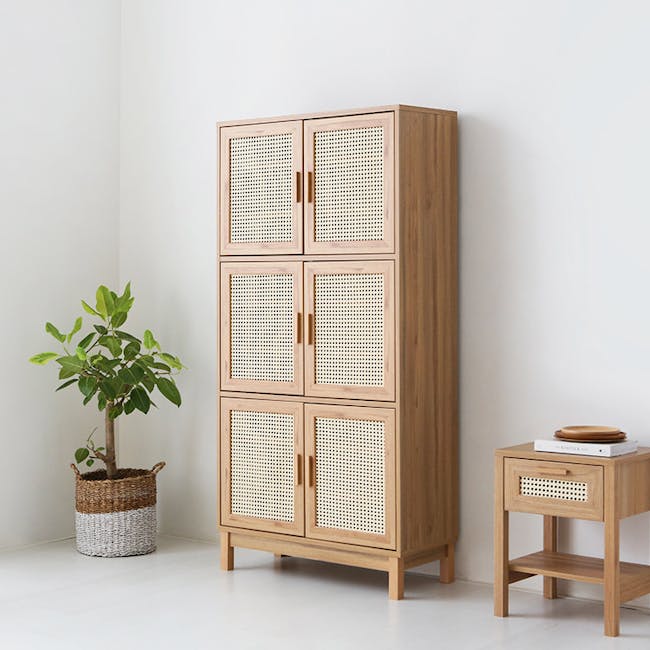 Belig 6 Door Rattan Tall Cabinet 0.9m - 4 - Wooden cabinet with perforated design, light brown color, four doors, two on top